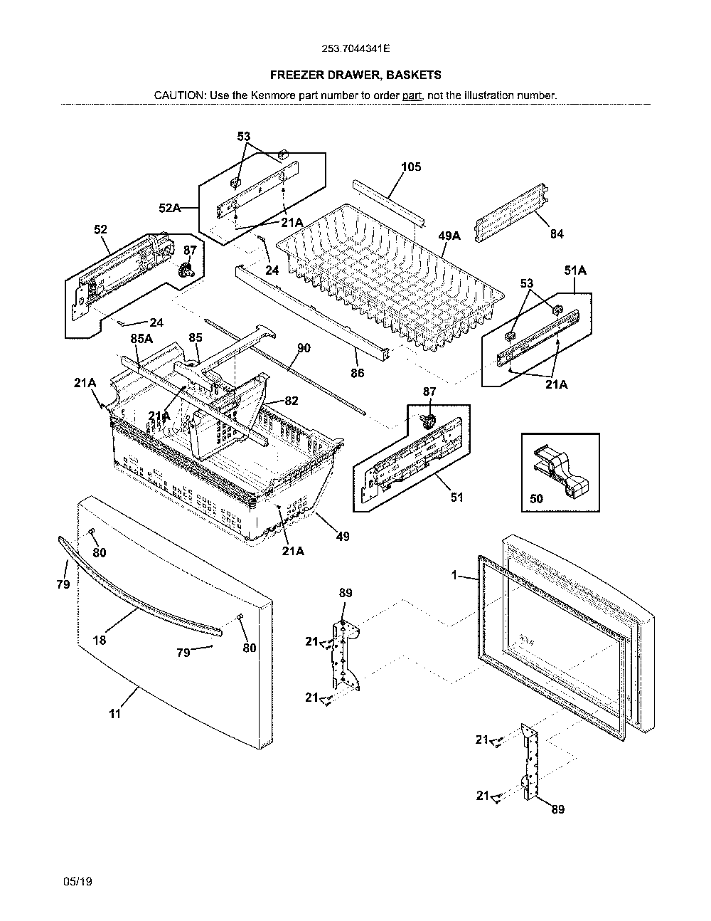 Freezer drawer, baskets Diagram and Parts List for 2537044341E  Kenmore Refrigerator