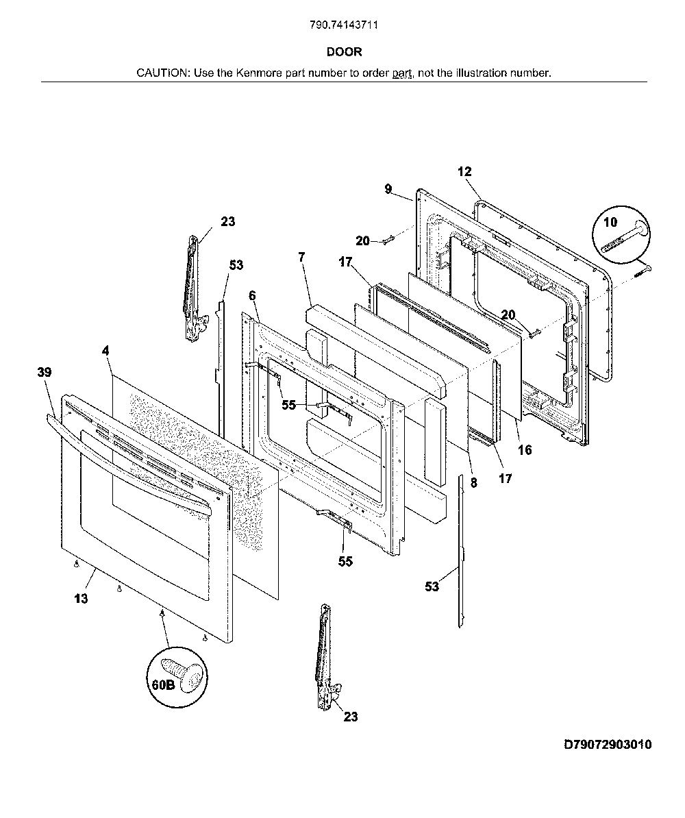 Door Diagram and Parts List for 79074143711  Kenmore Range