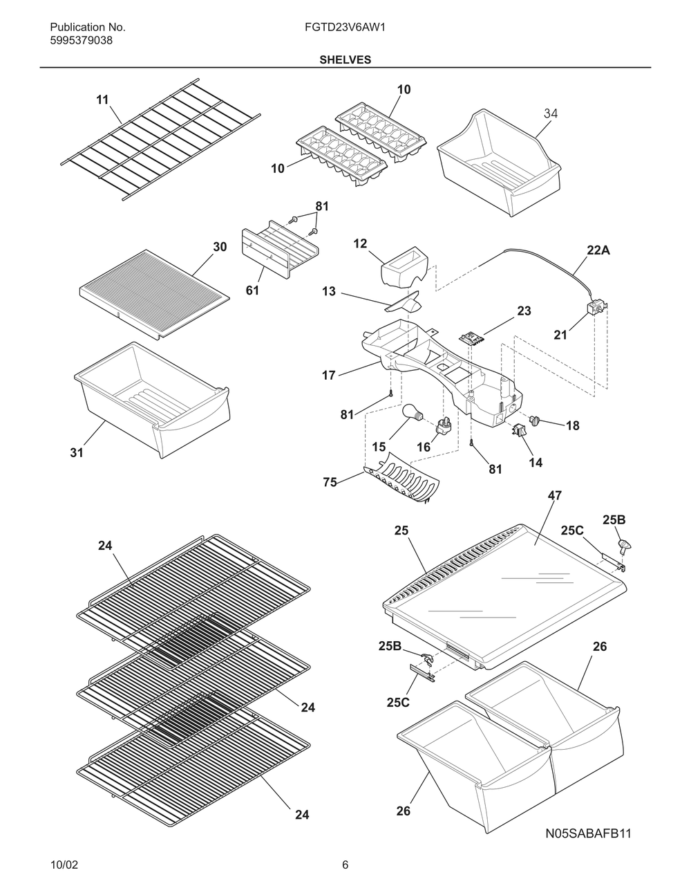 Shelves Diagram and Parts List for FGTD23V6AW1  Frigidaire Refrigerator