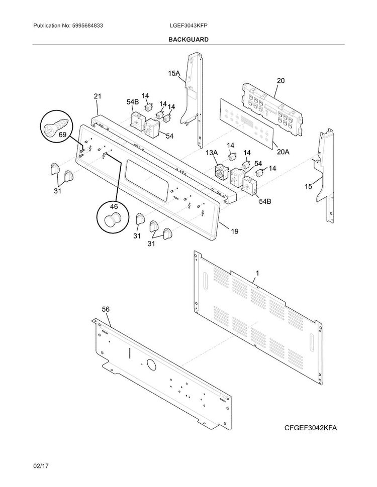 Backguard Diagram and Parts List for LGEF3043KFP  Frigidaire Range
