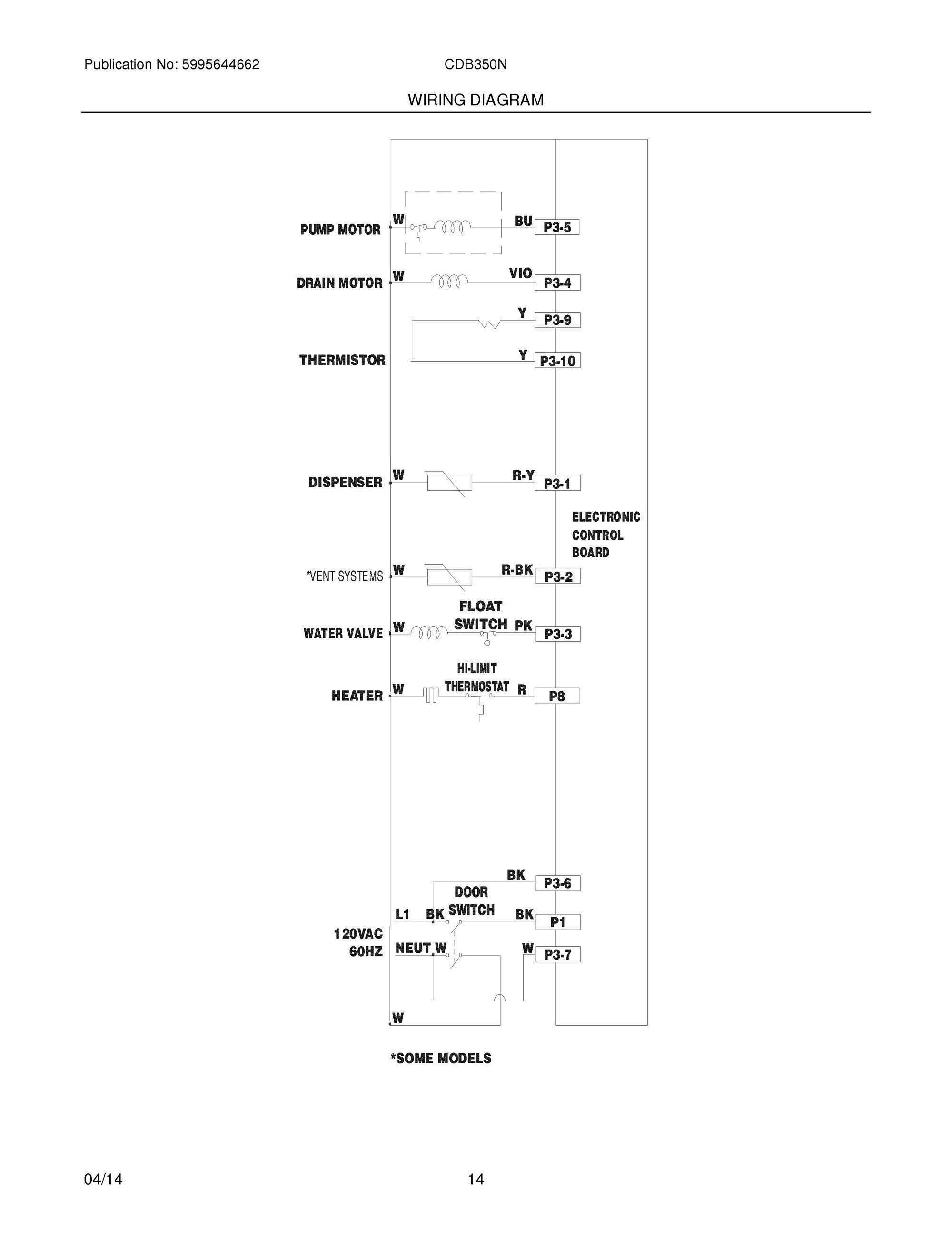 14 - WIRING DIAGRAM Diagram and Parts List for CDB350NW1A  Frigidaire Dishwasher