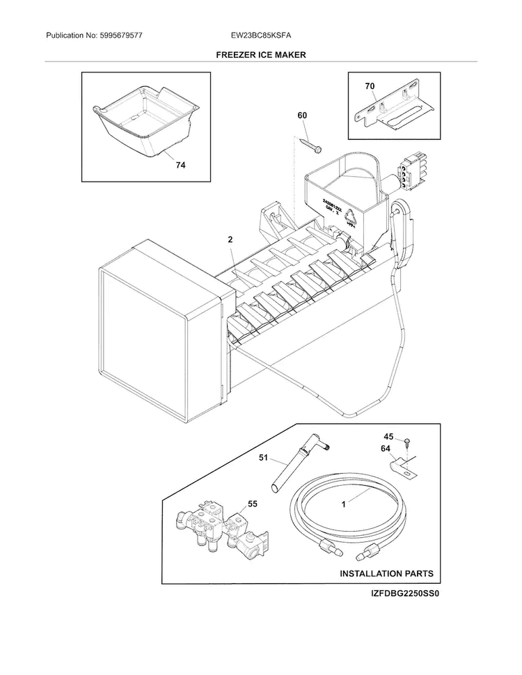 Freezer Ice Maker Diagram and Parts List for EW23BC85KSFA  Electrolux Refrigerator