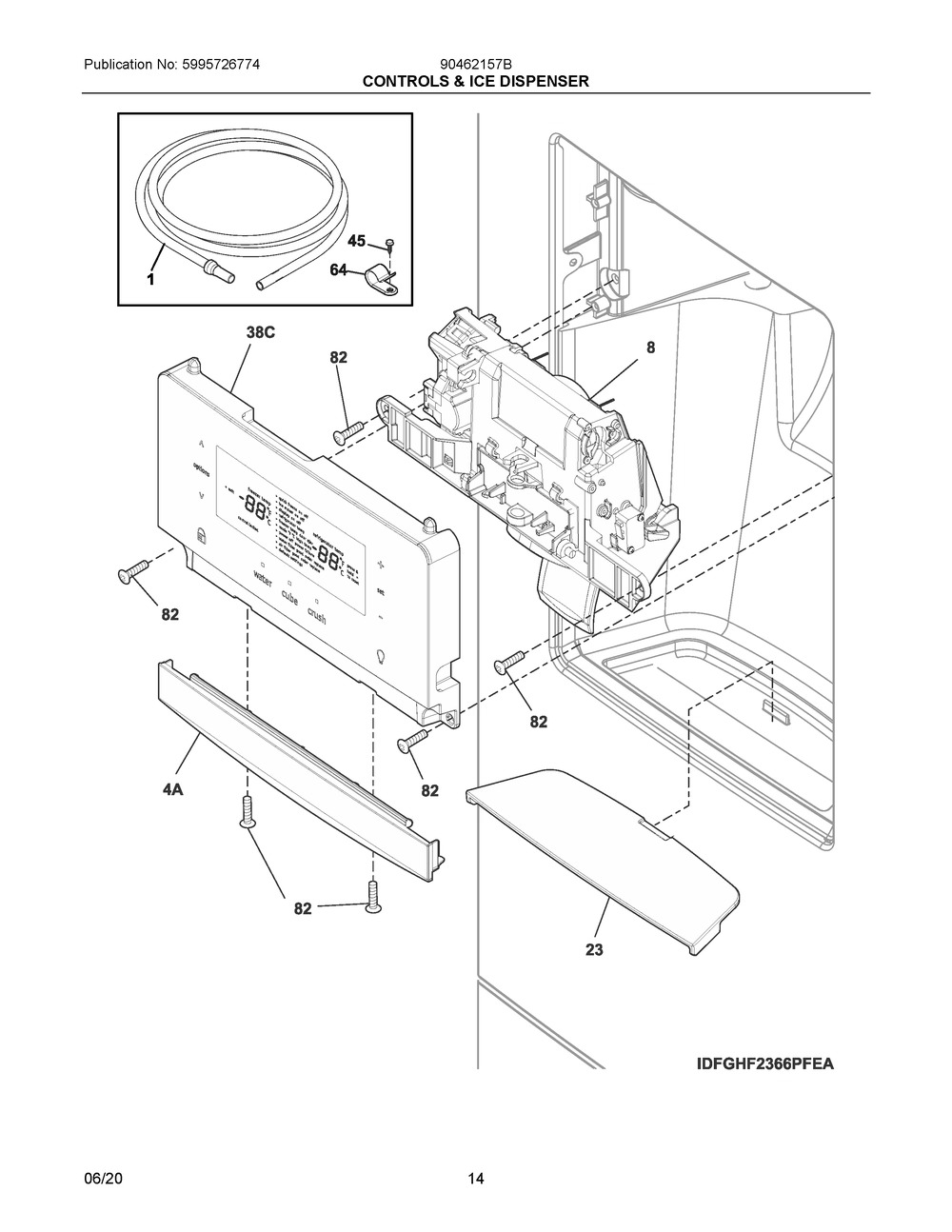 Controls And Ice Dispenser Diagram and Parts List for 90462157B  Frigidaire Refrigerator