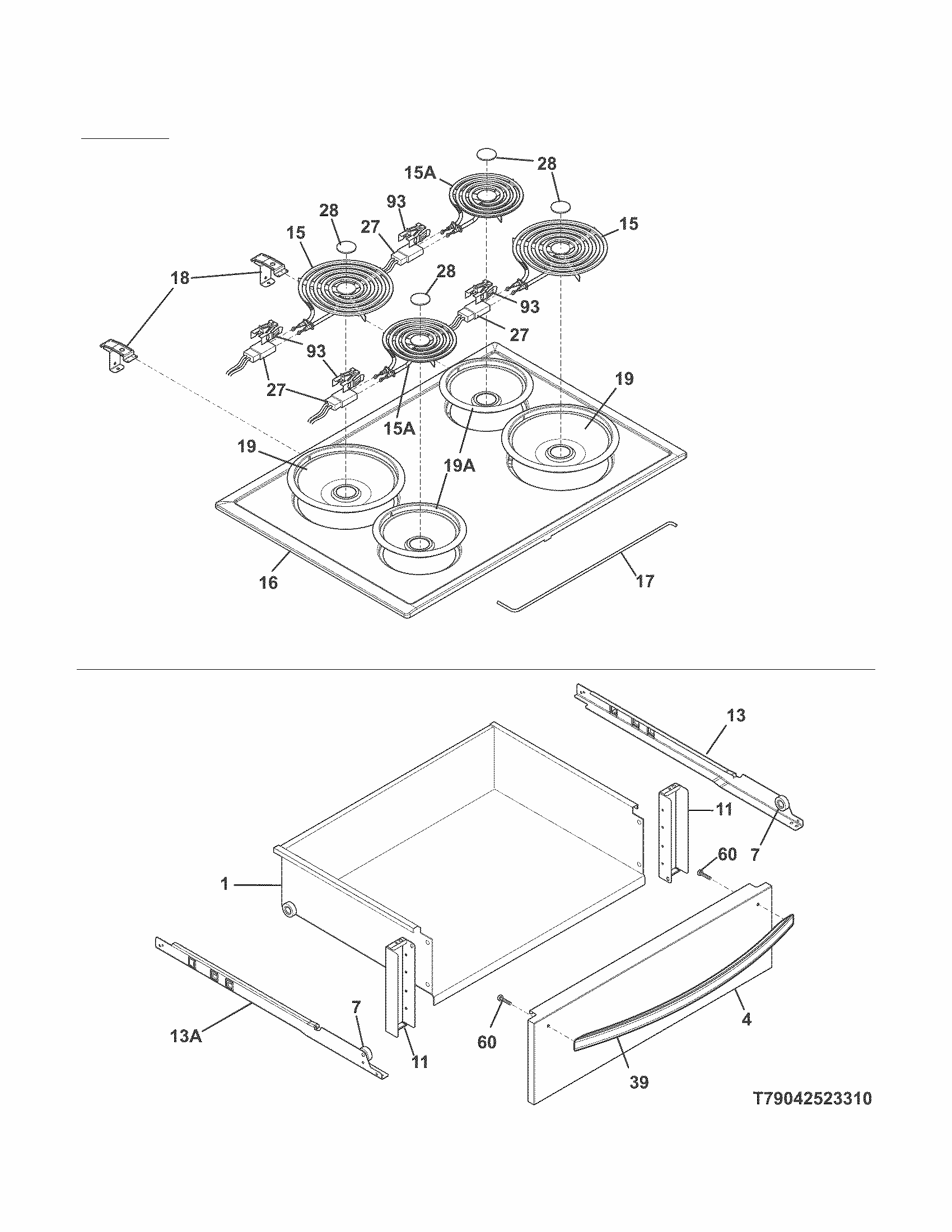 Top/drawer Diagram and Parts List for 79042523312  Kenmore Range