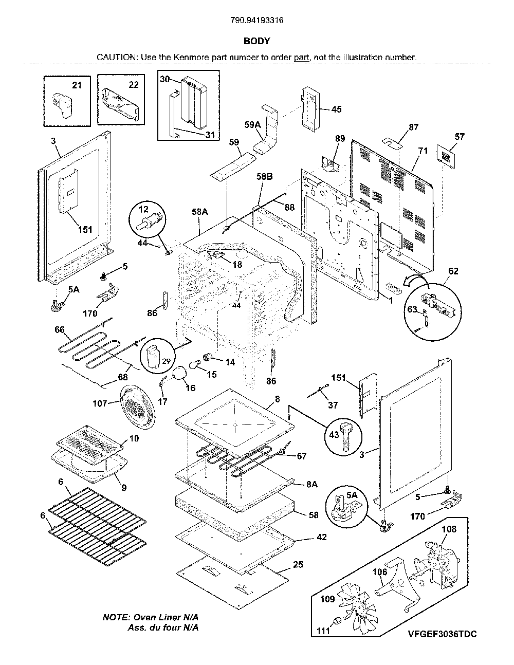 Body Diagram and Parts List for 79094193316  Kenmore Range