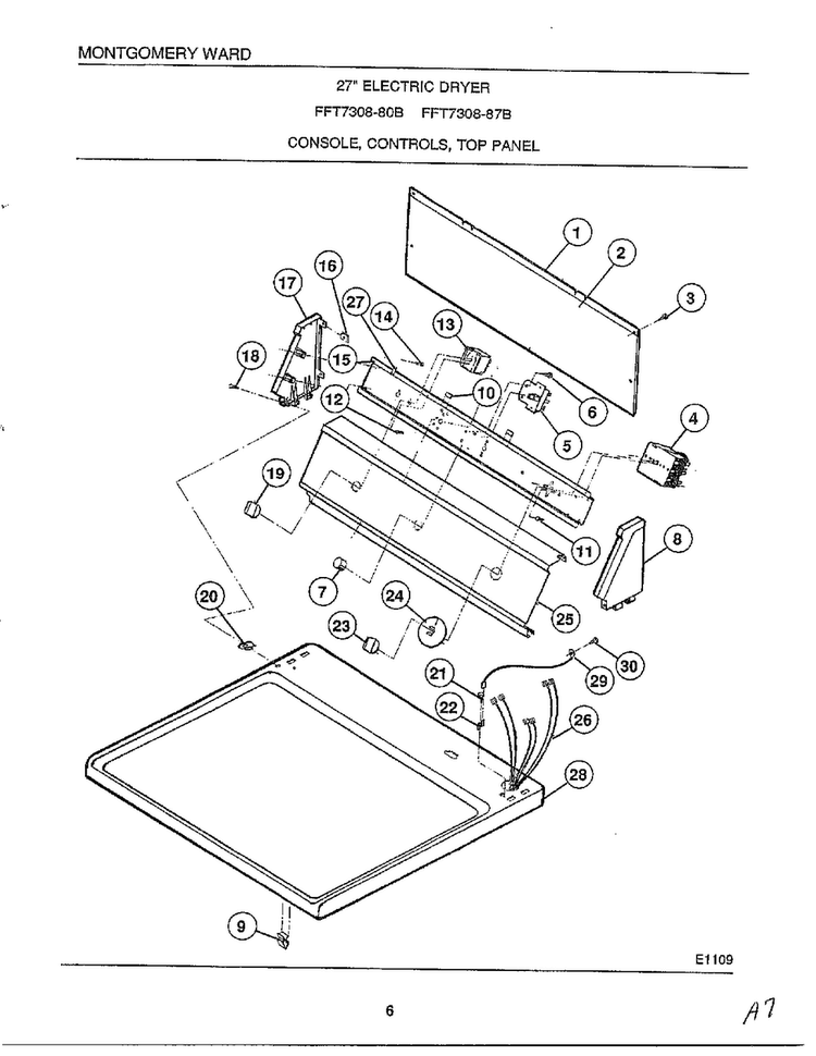 Console, Controls, Top Panel Diagram and Parts List for 7308B  Frigidaire Dryer