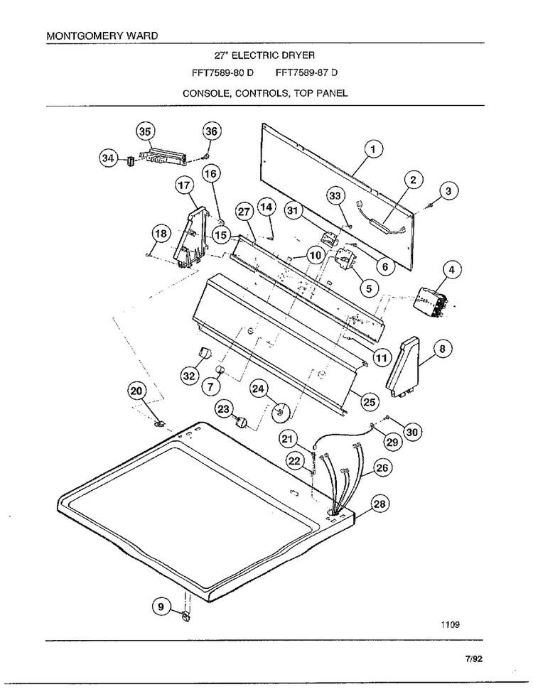 Console/controls/top Panel Diagram and Parts List for 7589-87D  Frigidaire Dryer