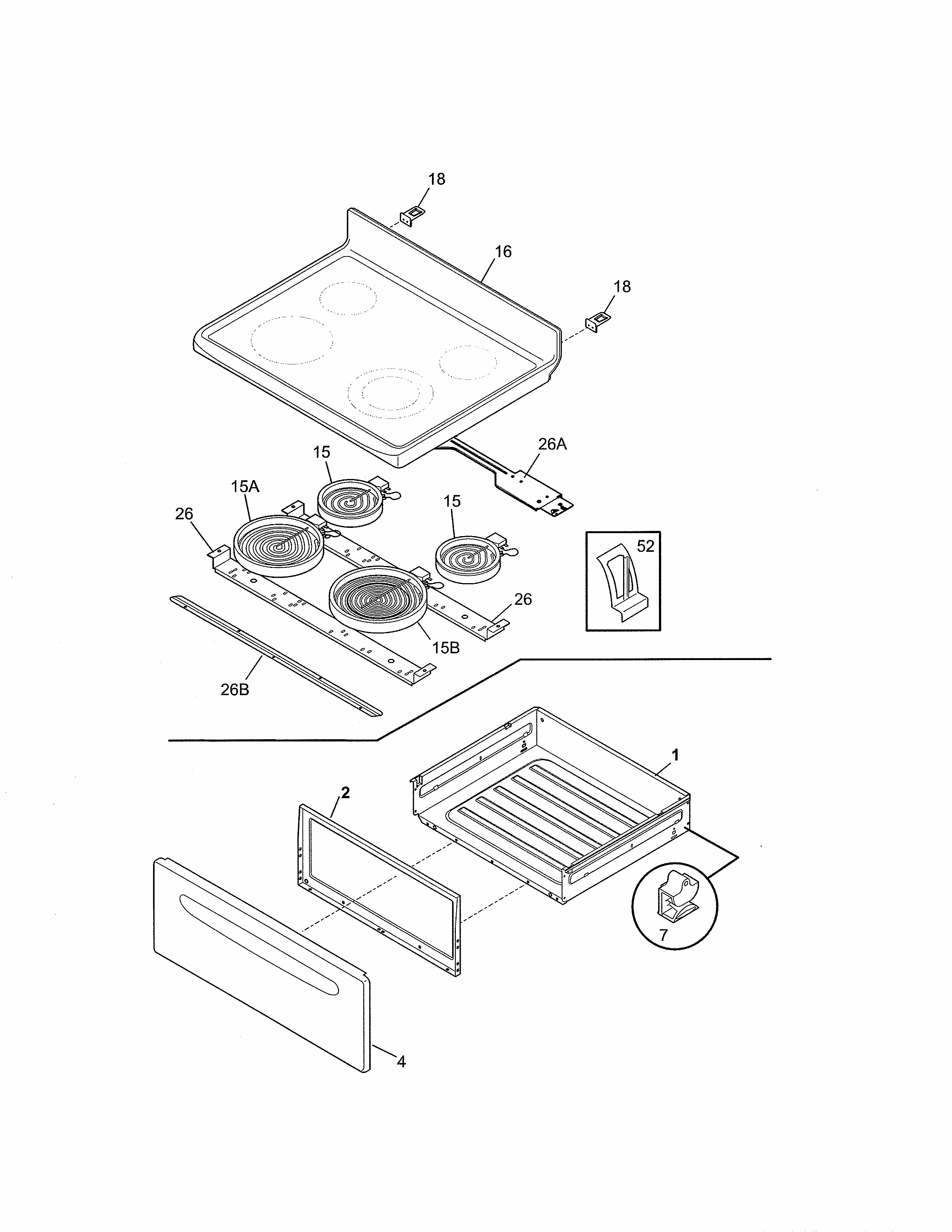 Top/drawer Diagram and Parts List for 79092202016  Kenmore Range