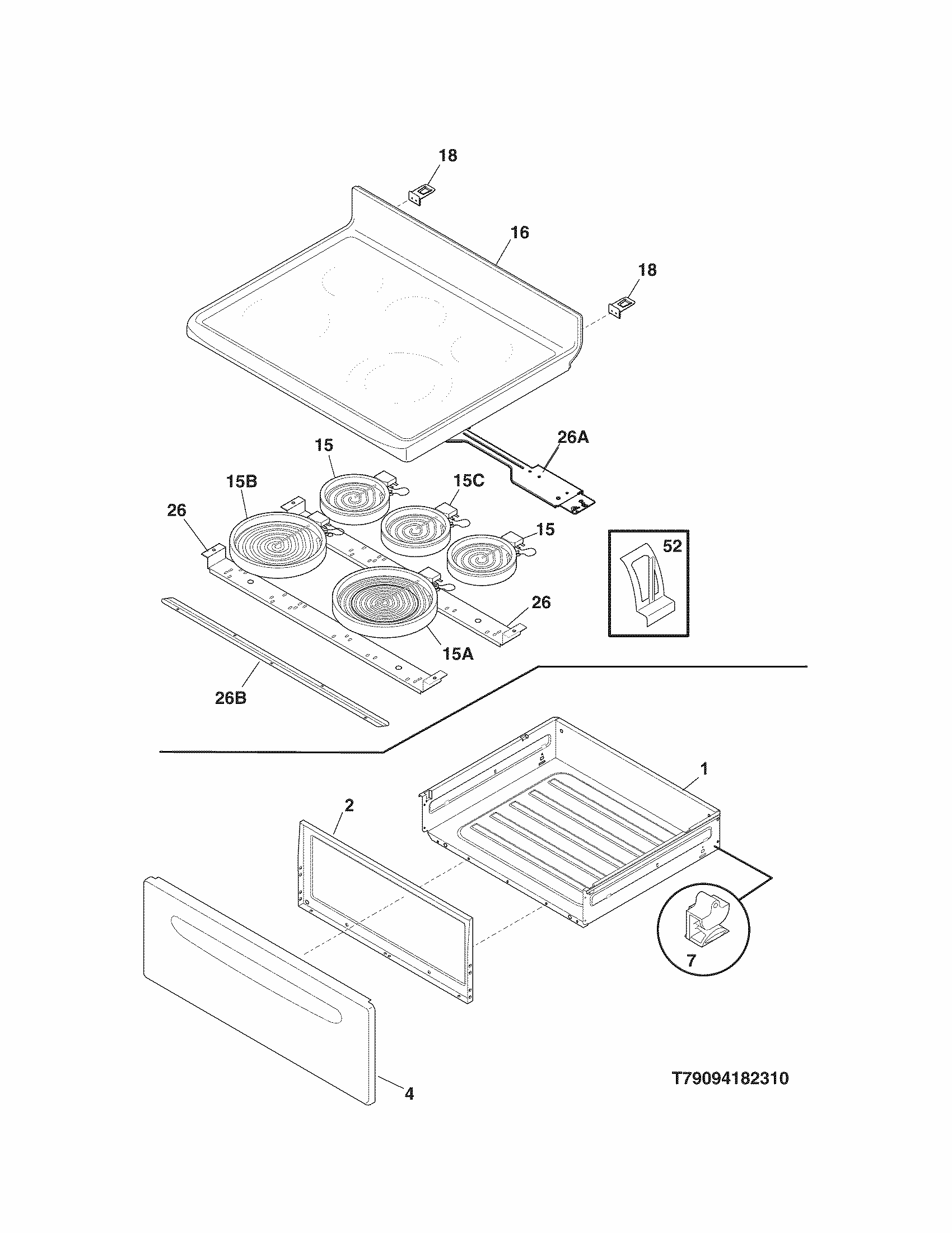 Top/drawer Diagram and Parts List for 79094184310  Kenmore Range