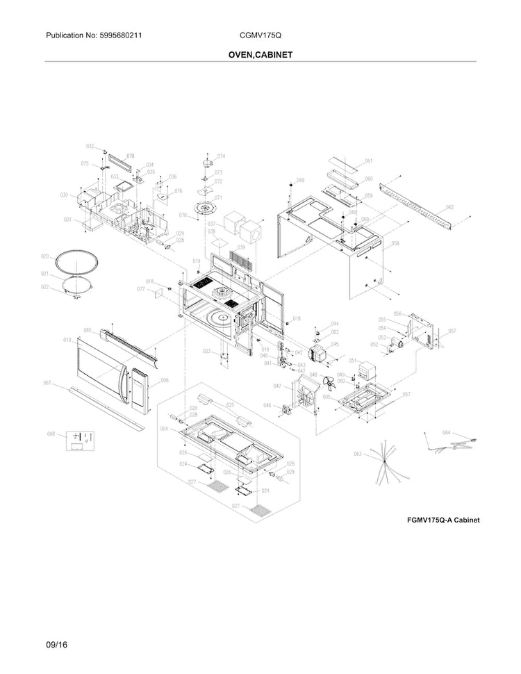 Oven,cabinet Diagram and Parts List for CGMV175QFA  Frigidaire Microwave