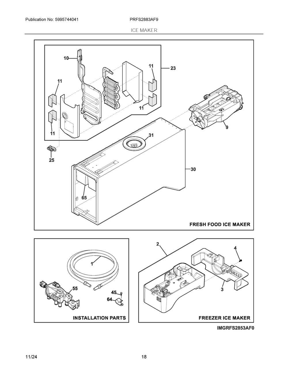 Ice Maker Diagram and Parts List for PRFS2883AF9  Frigidaire Refrigerator