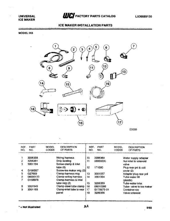 03 - Ice Maker Installation Parts Diagram and Parts List for IK8(M-1  Frigidaire Ice Maker