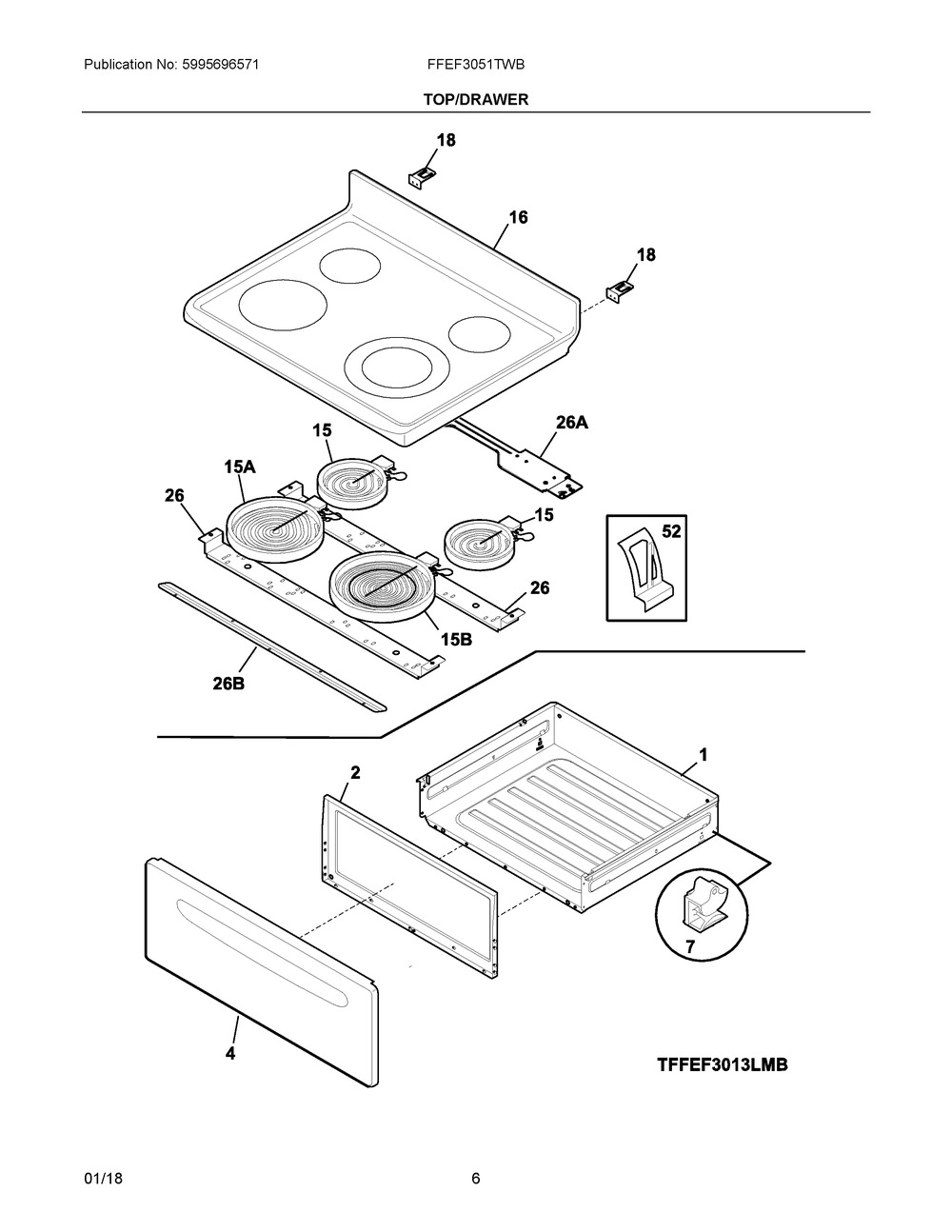 Top/drawer Diagram and Parts List for FFEF3051TWB  Frigidaire Range