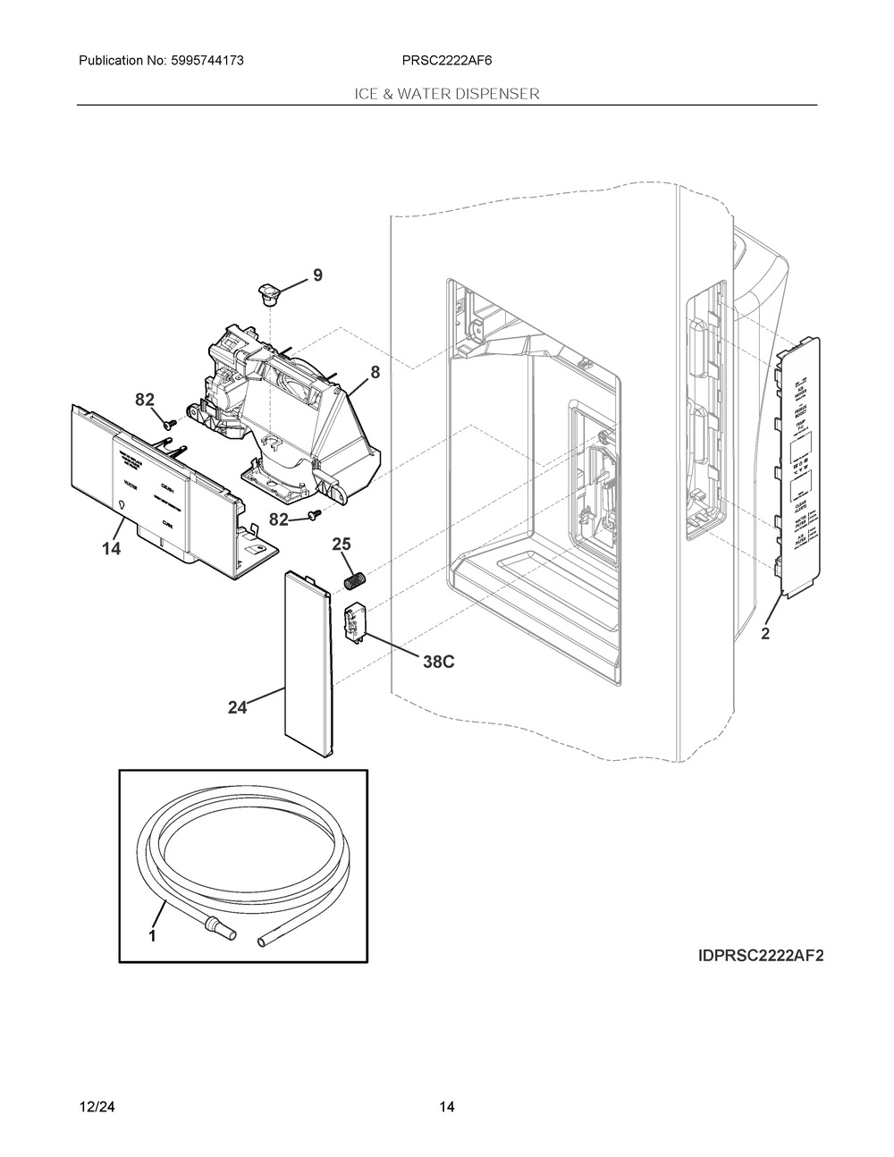 Ice And Water Dispenser Diagram and Parts List for PRSC2222AF6  Frigidaire Refrigerator