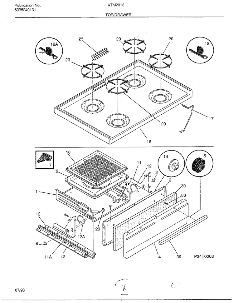 Top/drawer Diagram and Parts List for 2813-80B  Frigidaire Range