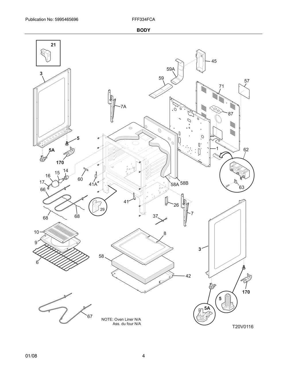 Body Diagram and Parts List for FFF334FCA  Frigidaire Range