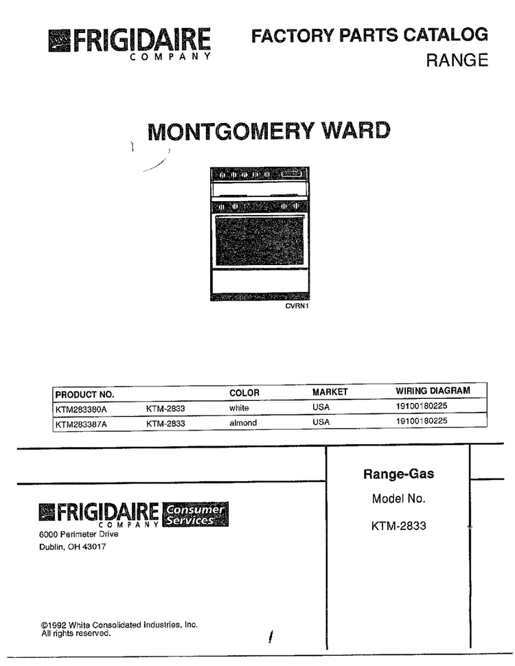 Factory Parts Catalog-range Gas Diagram and Parts List for 2833  Frigidaire Range