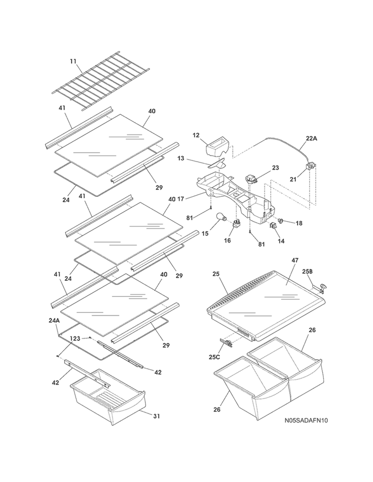 Shelves Diagram and Parts List for FFHT1817PS2  Frigidaire Refrigerator