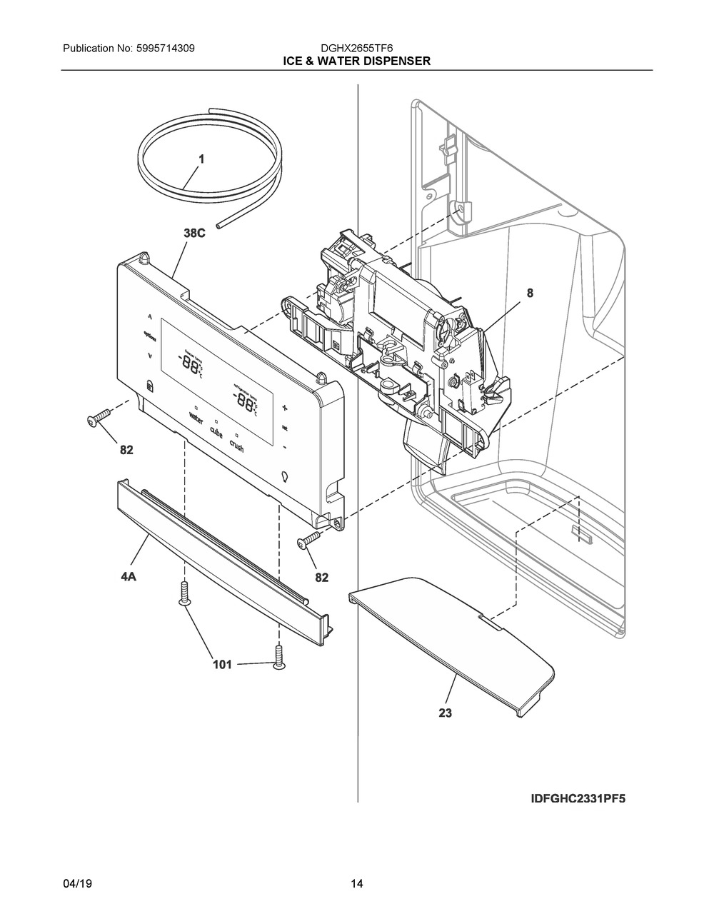 Ice & Water Dispenser Diagram and Parts List for DGHX2655TF6  Frigidaire Refrigerator