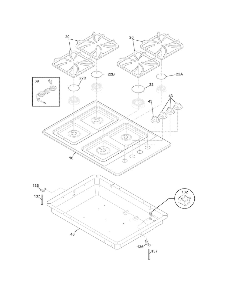 Cooktop Diagram and Parts List for FFGC3015LSC  Frigidaire Cooktop