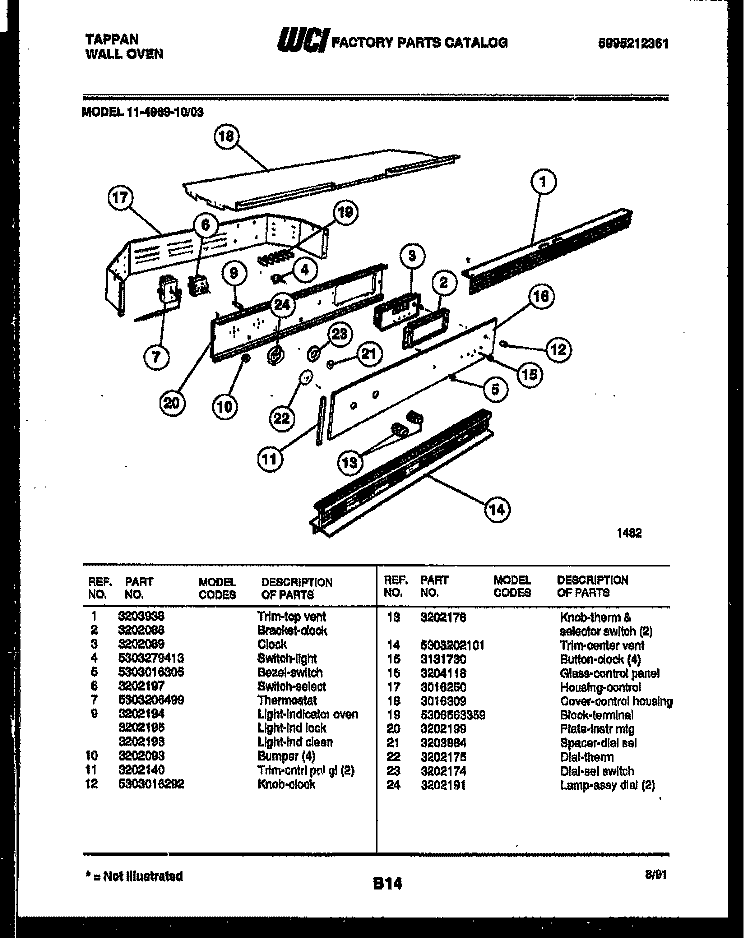 CONTROL PANEL Diagram and Parts List for 11-4969-00-03  Tappan Wall Oven