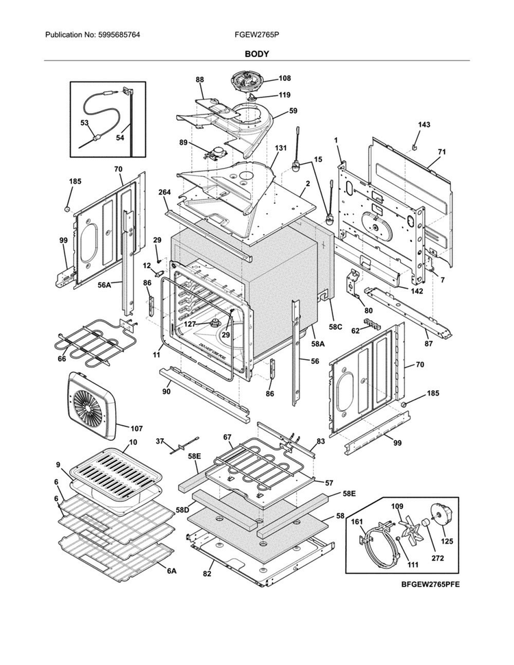 Body Diagram and Parts List for FGEW2765PWE  Frigidaire Wall Oven