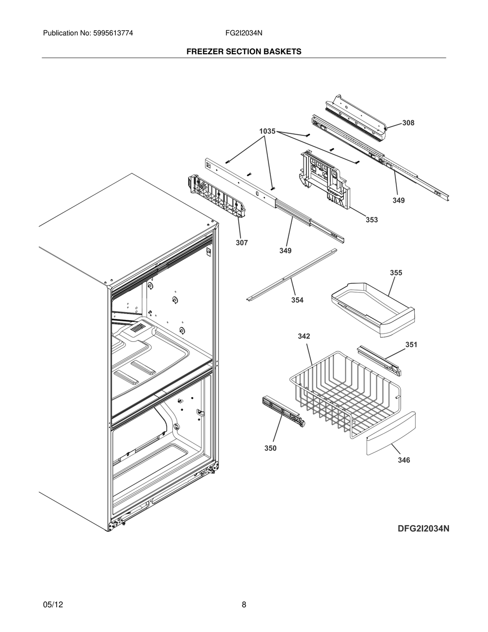 Freezer Section Baskets Diagram and Parts List for FG2I2034NR  Frigidaire Refrigerator