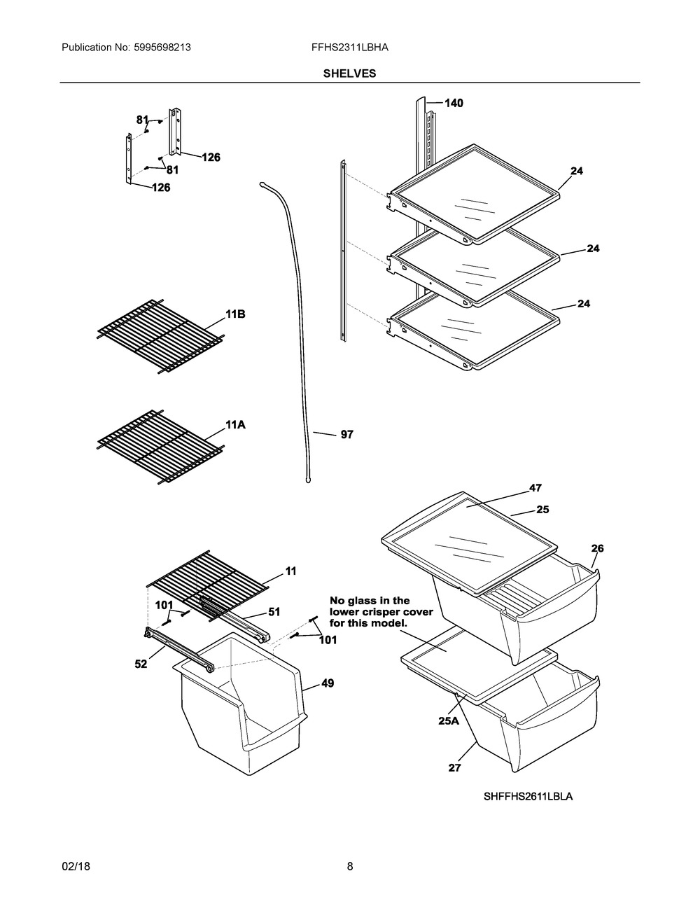 Shelves Diagram and Parts List for FFHS2311LBHA  Frigidaire Refrigerator