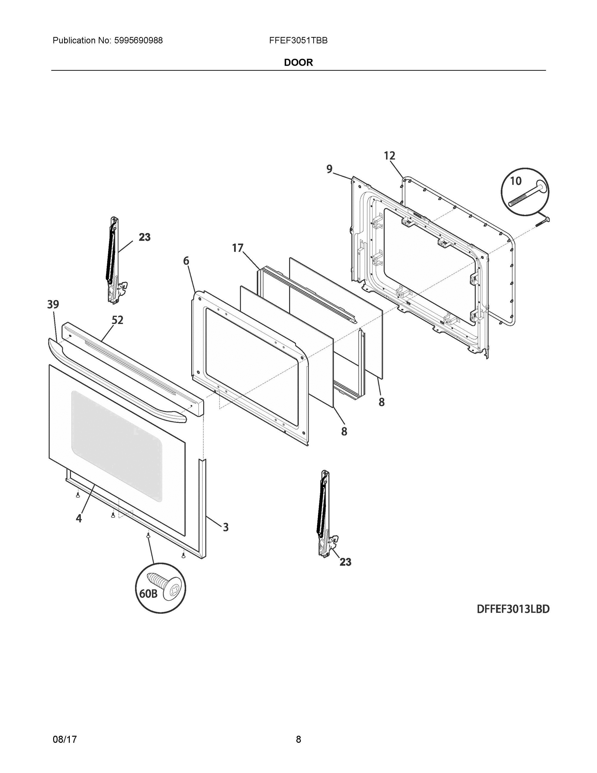 05 - DOOR Diagram and Parts List for FFEF3051TBB  Frigidaire Range