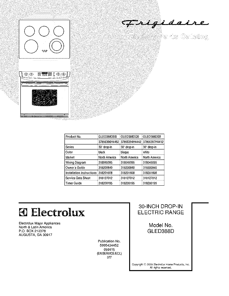 COVER Diagram and Parts List for GLED388DQB  Frigidaire Range