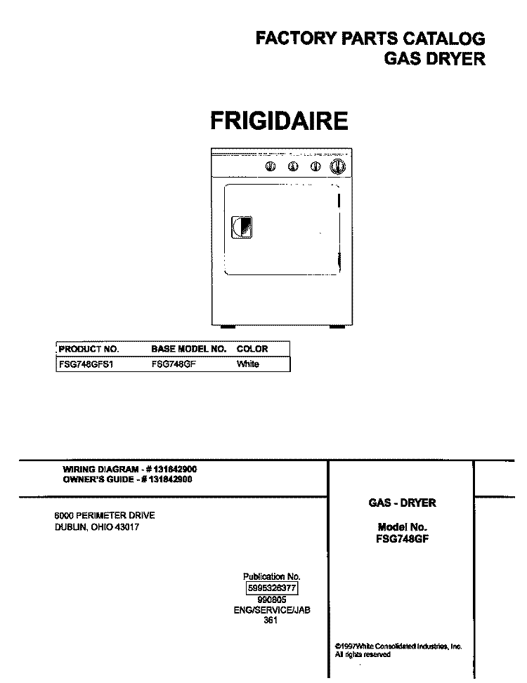 COVER Diagram and Parts List for FSG748GFS1  Frigidaire Dryer