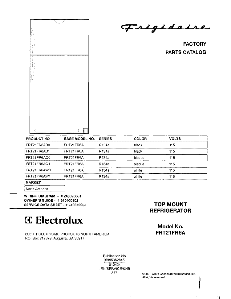 COVER Diagram and Parts List for FRT21FR6AB0  Frigidaire Refrigerator