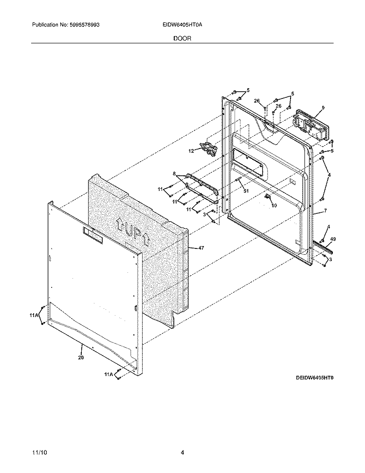 DOOR Diagram and Parts List for EIDW6405HT0A  Electrolux Dishwasher