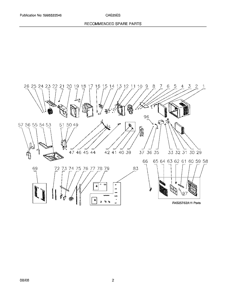 RECOMMENDED SPARE PARTS Diagram and Parts List for CAE25ESR16  Frigidaire Air Conditioner