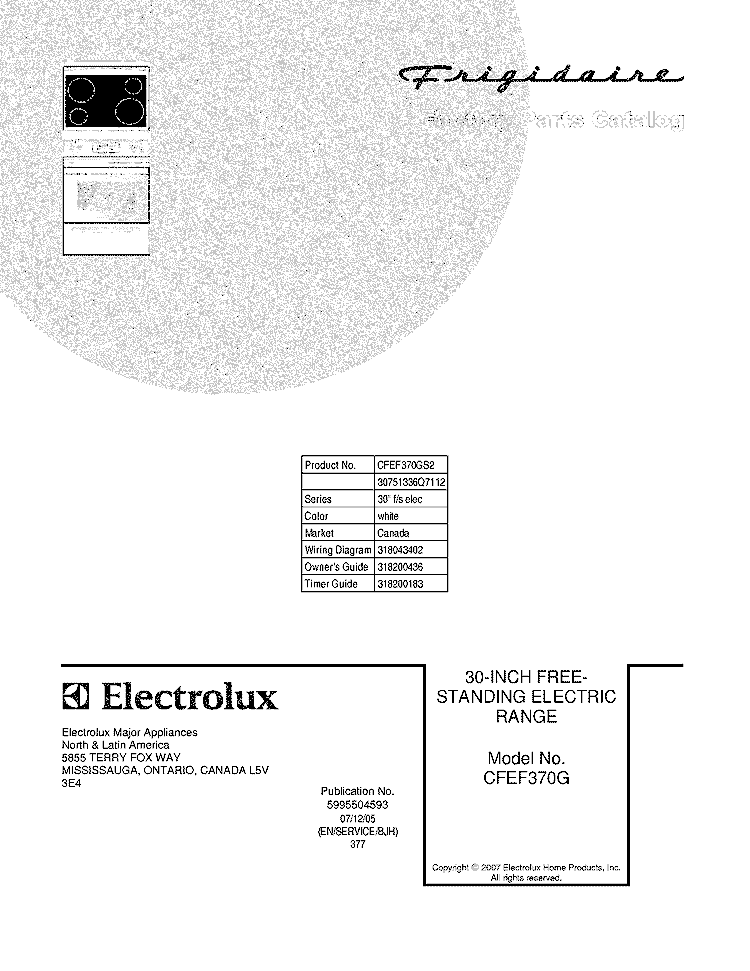 COVER Diagram and Parts List for CFEF370GS2  Frigidaire Range