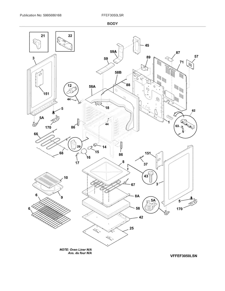 Body Diagram and Parts List for FFEF3050LSR  Frigidaire Range