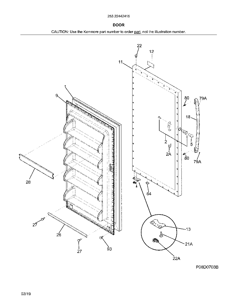 Door Diagram and Parts List for 25322442415  Kenmore Freezer