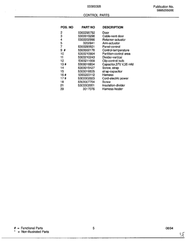 Control Parts Page 2 Diagram and Parts List for 5338009B  Frigidaire Air Conditioner
