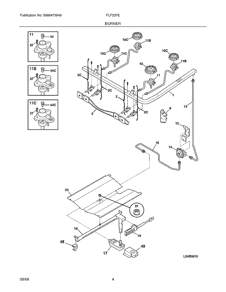 BURNER Diagram and Parts List for FLF337EWD  Frigidaire Range