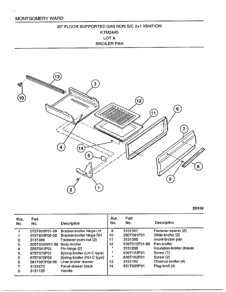 30"/broiler Pan Diagram and Parts List for 2440A  Frigidaire Range
