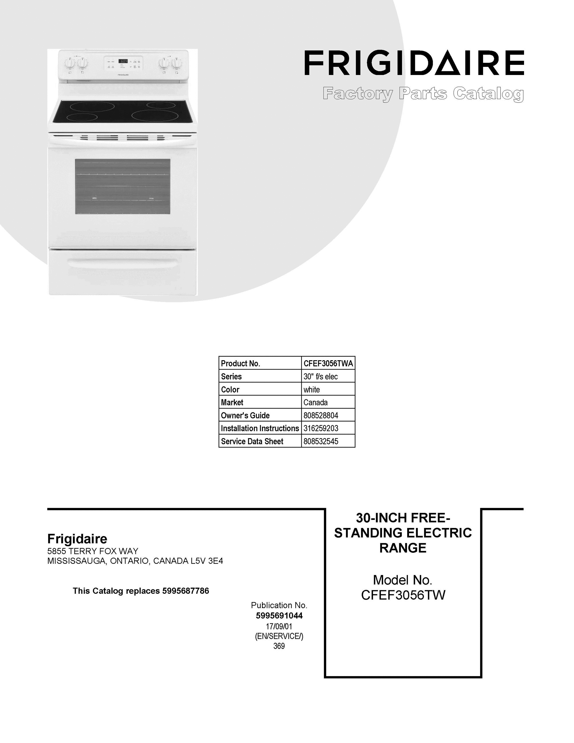 01 - COVER SHEET Diagram and Parts List for CFEF3056TWA  Frigidaire Range