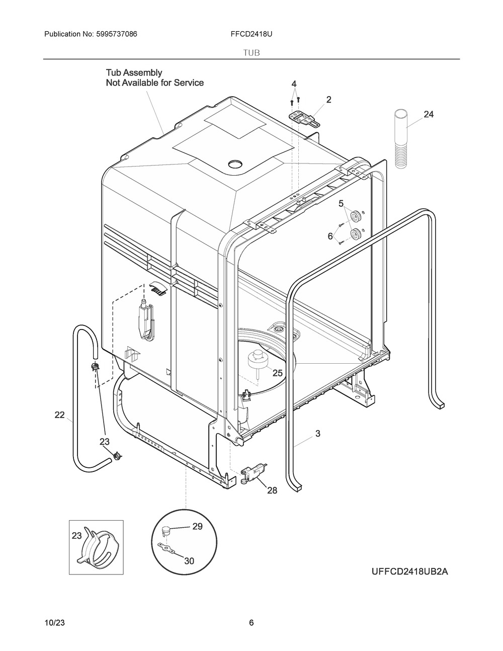 Tub Diagram and Parts List for FFCD2418UB4A  Frigidaire Dishwasher