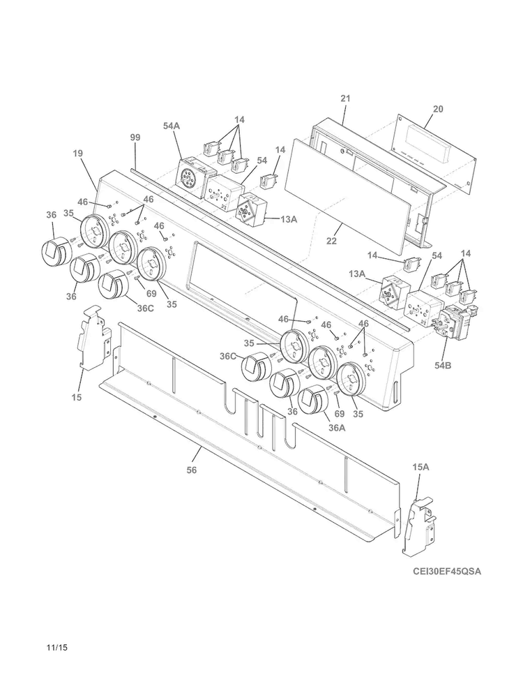 Backguard Diagram and Parts List for EI30EF45QSB  Electrolux Range