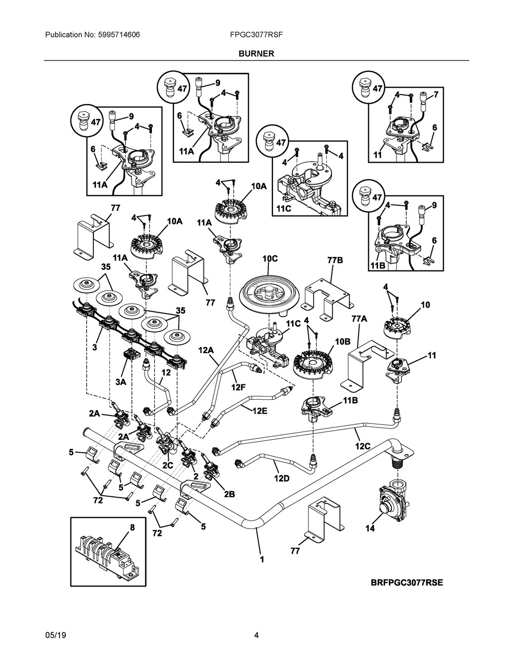 Burner Diagram and Parts List for FPGC3077RSF  Frigidaire Cooktop