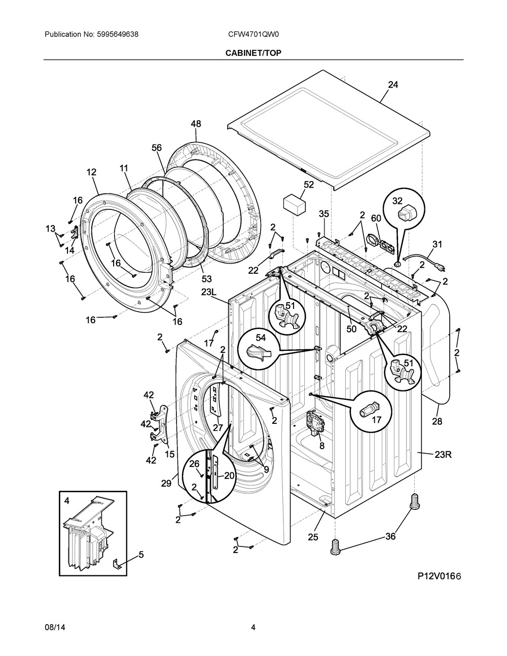 Cabinet/Top Diagram and Parts List for CFW4701QW0  Frigidaire Washer
