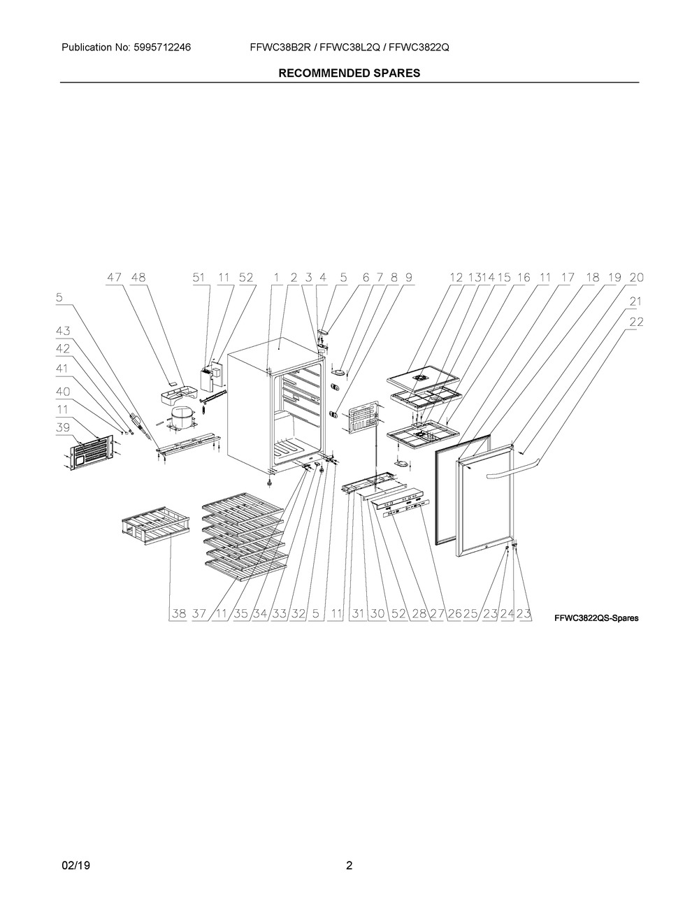 Recommended Spares Diagram and Parts List for FFWC3822QS  Frigidaire Wine and Beverage Cooler