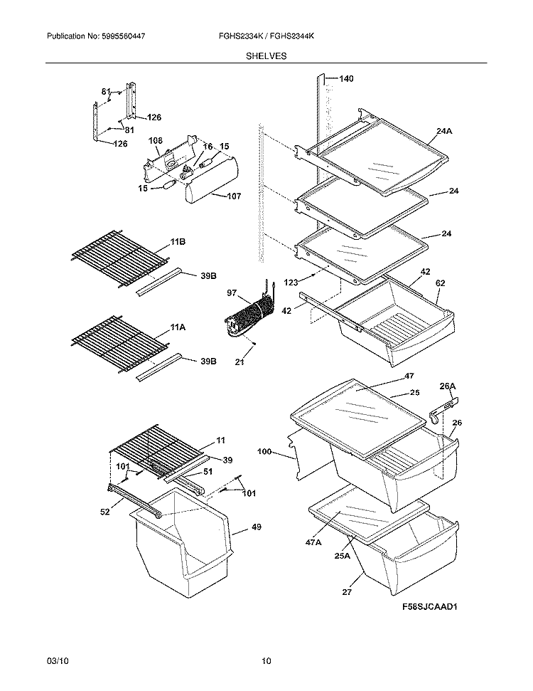 SHELVES Diagram and Parts List for FGHS2334KP3  Frigidaire Refrigerator