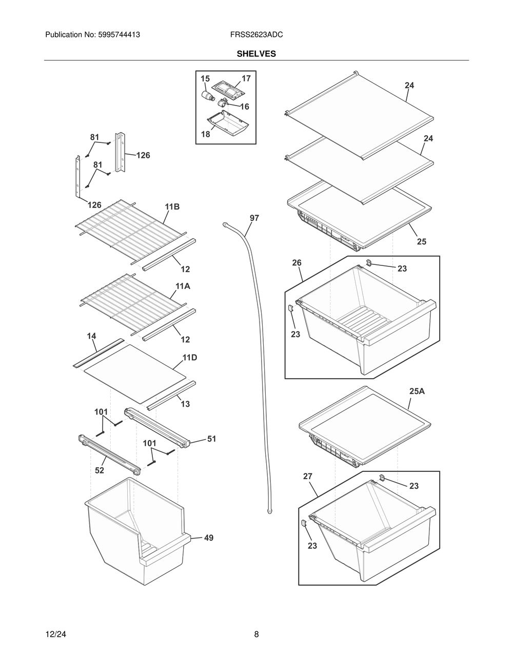 Shelves Diagram and Parts List for FRSS2623ADC  Frigidaire Refrigerator