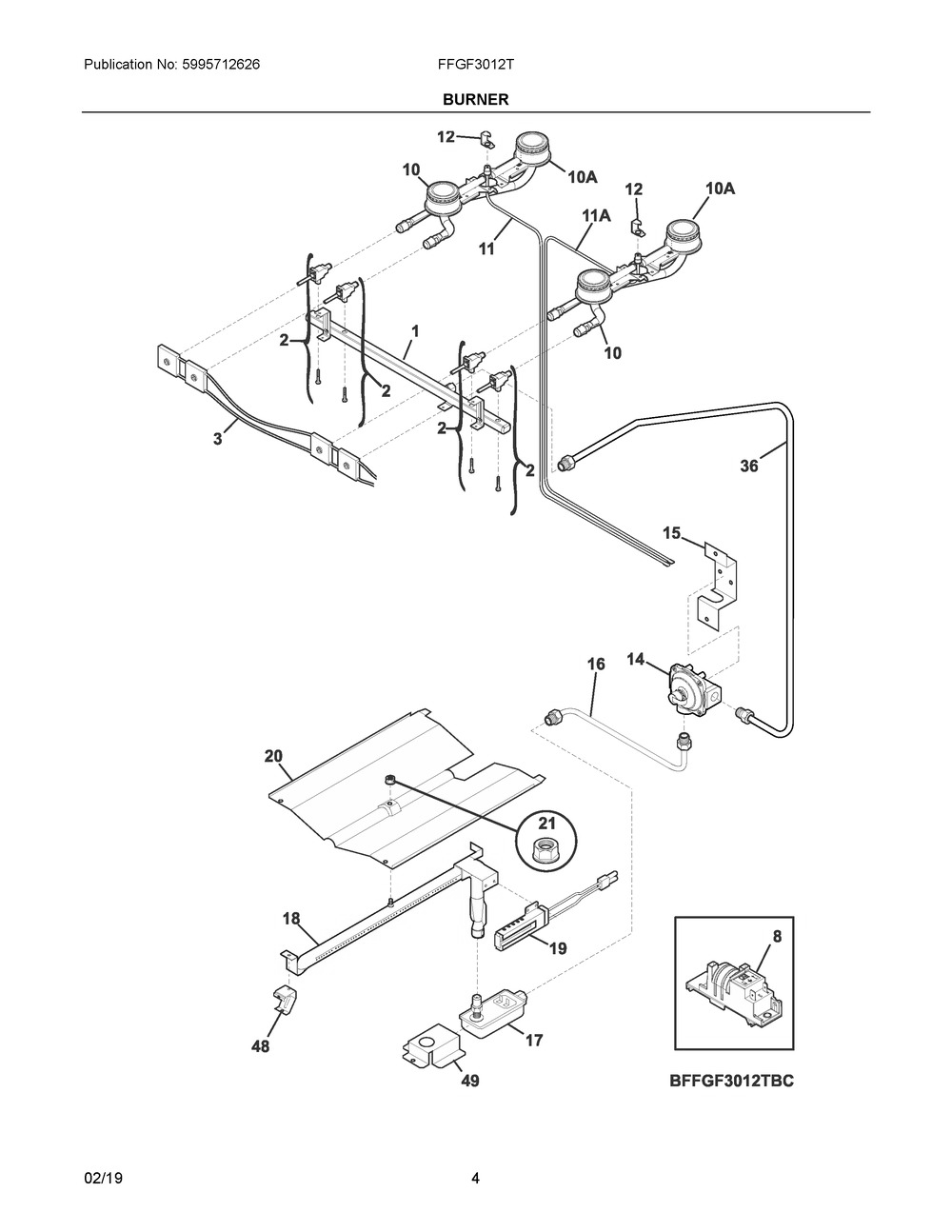 Burner Diagram and Parts List for FFGF3012TWD  Frigidaire Range