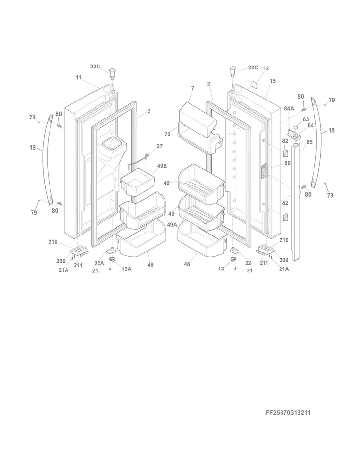 Fresh Food Doors Diagram and Parts List for 25370313210  Kenmore Refrigerator